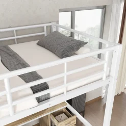 Simple Life Lit superposé métal, avec bureau, armoire, rangement, escalier incliné 4 marches, métal panneau blanc naturel, 90x200cm Discount