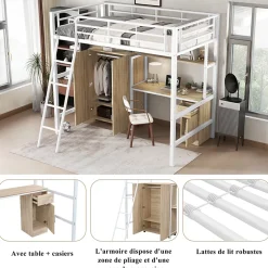 Simple Life Lit superposé métal, avec bureau, armoire, rangement, escalier incliné 4 marches, métal panneau blanc naturel, 90x200cm Discount