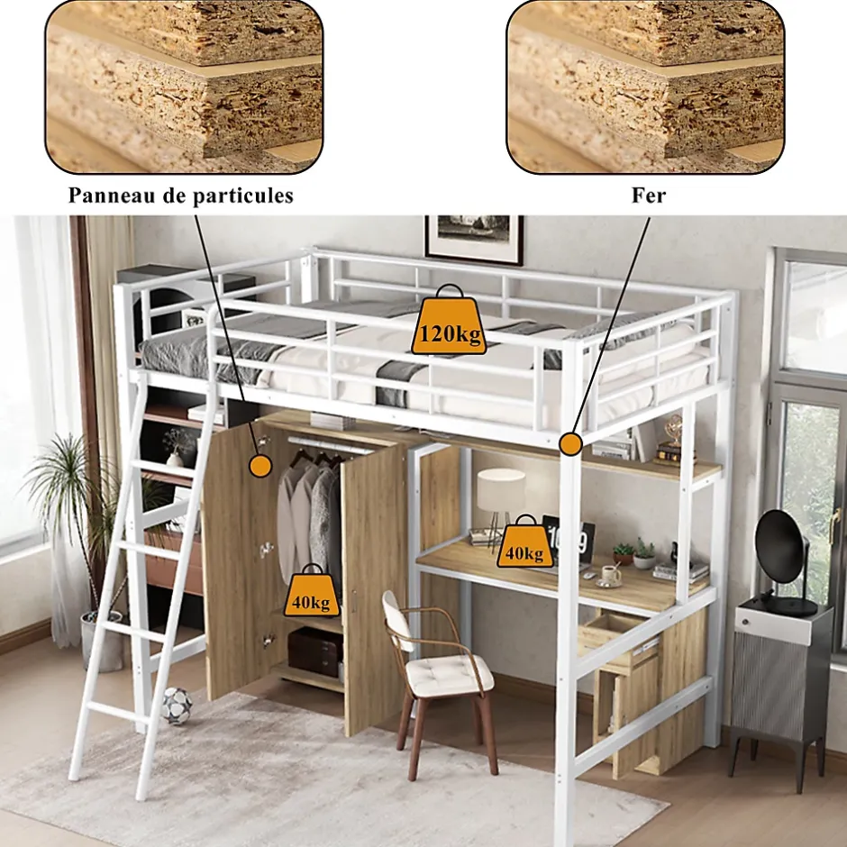 Simple Life Lit superposé métal, avec bureau, armoire, rangement, escalier incliné 4 marches, métal panneau blanc naturel, 90x200cm Discount