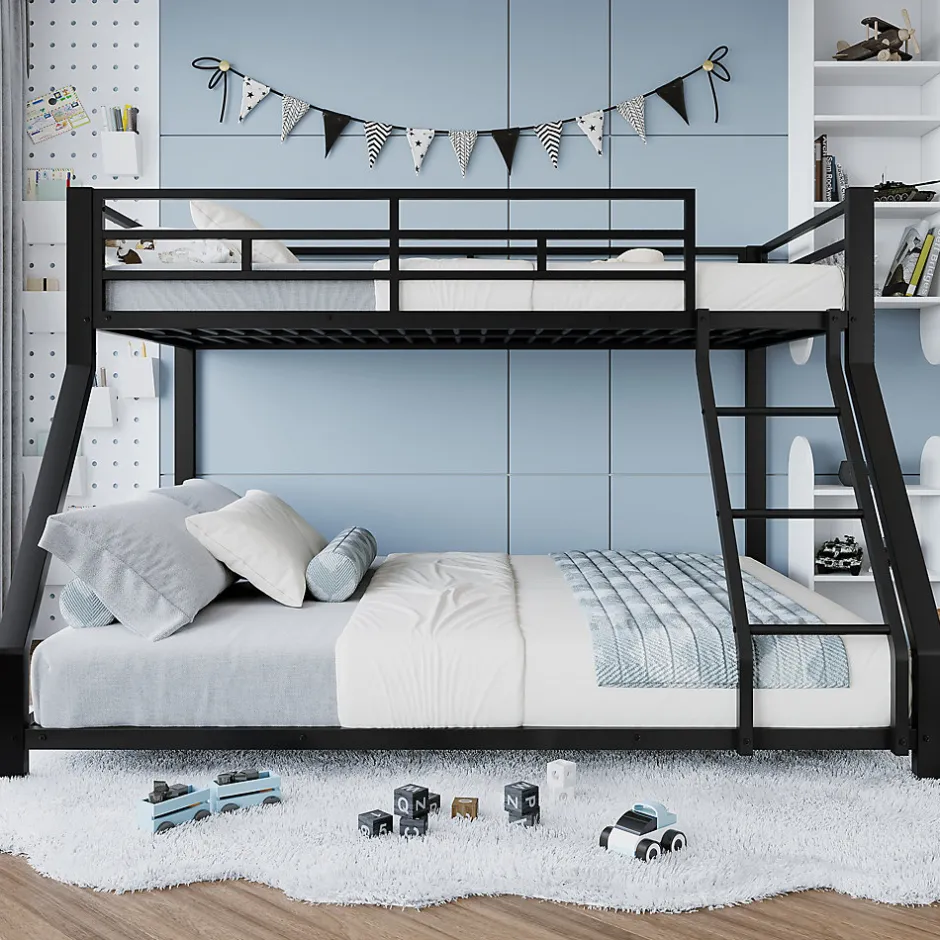 Enfant Generique Lit Superposé Métal 90x200 et 140x200 cm, Lit Double enfant/Ado avec Échelle et Barrières de Sécurité - Sans Matelas - Noir
