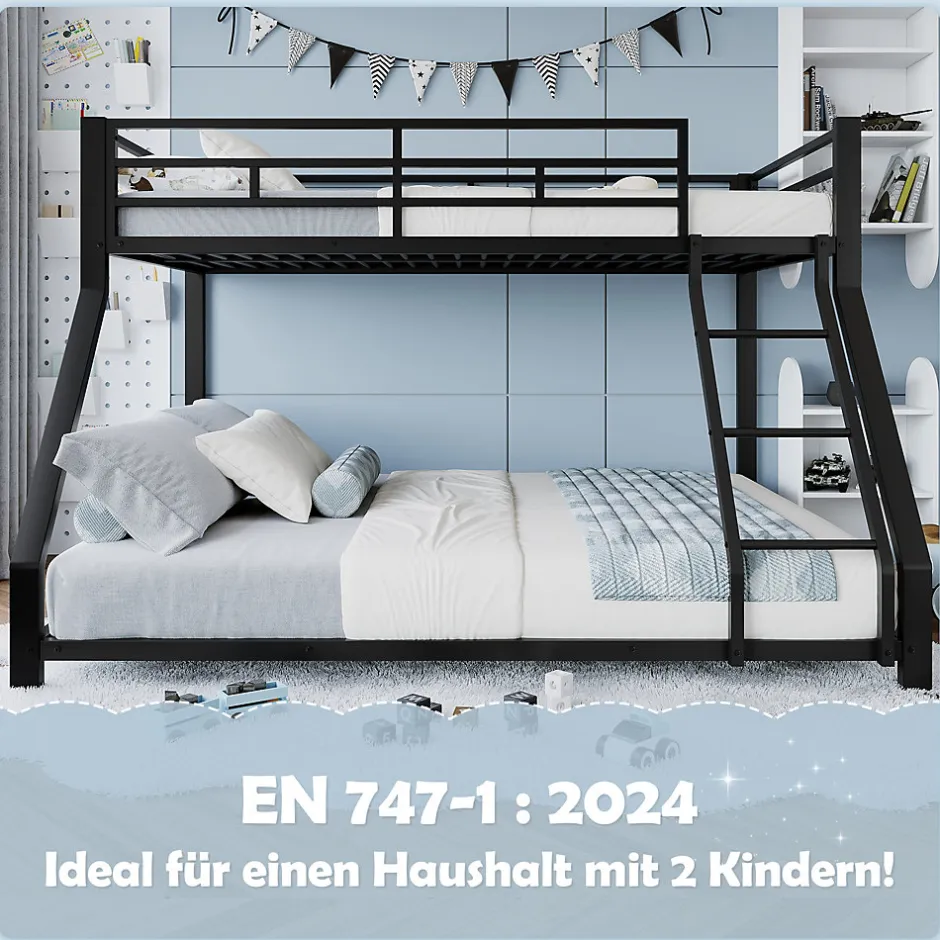 Enfant Generique Lit Superposé Métal 90x200 et 140x200 cm, Lit Double enfant/Ado avec Échelle et Barrières de Sécurité - Sans Matelas - Noir