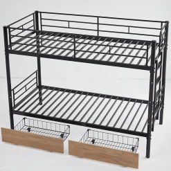 Simple Life Lit superposé métal 90x200cm pour 2 enfants avec 2 tiroirs, garde-corps, convertible, noir Clearance
