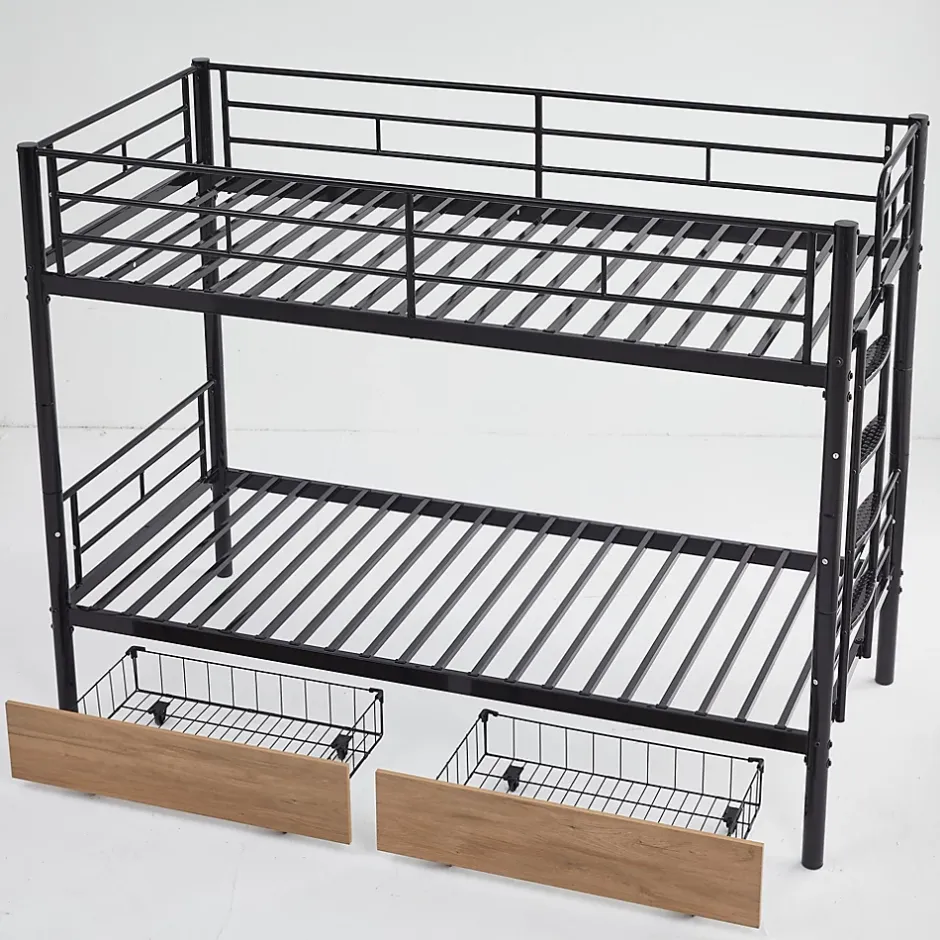 Simple Life Lit superposé métal 90x200cm pour 2 enfants avec 2 tiroirs, garde-corps, convertible, noir Clearance