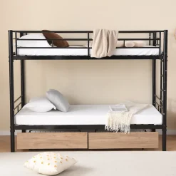 Simple Life Lit superposé métal 90x200cm pour 2 enfants avec 2 tiroirs, garde-corps, convertible, noir Clearance