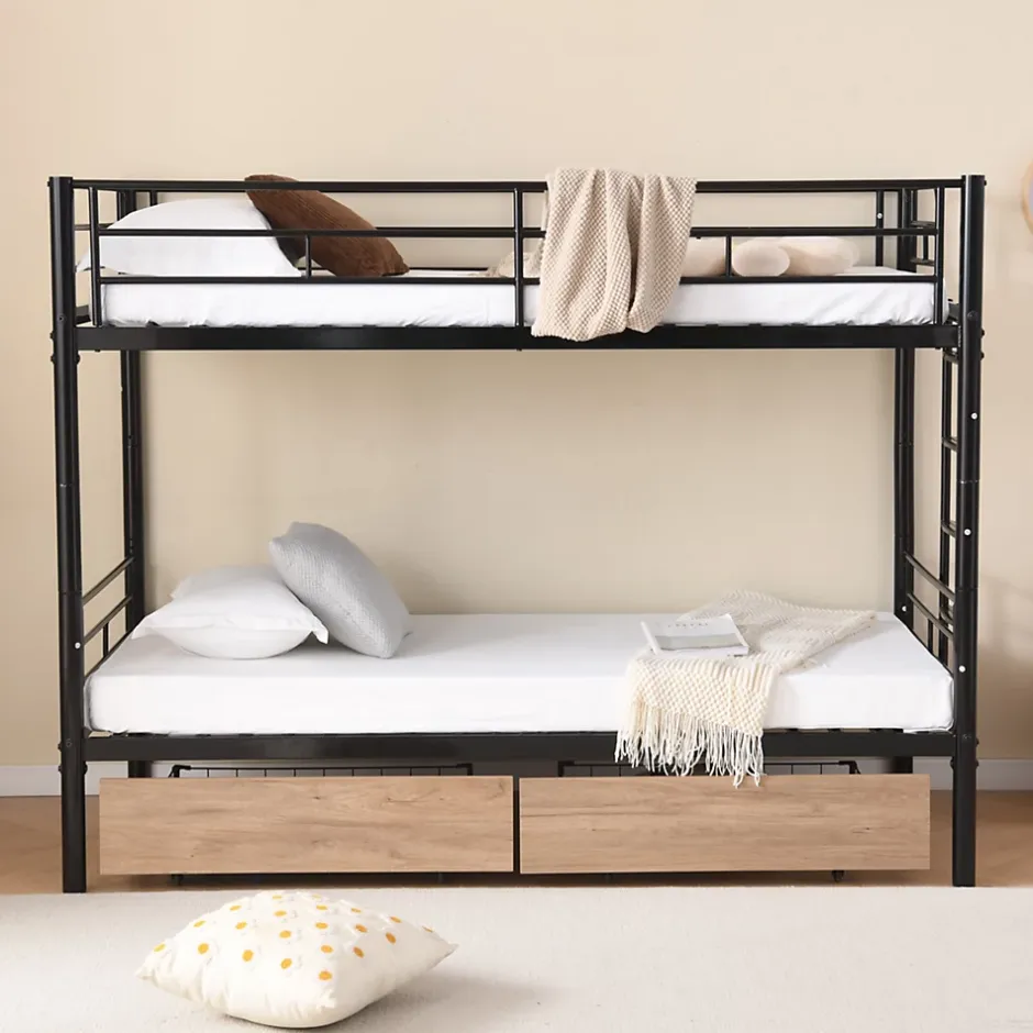 Simple Life Lit superposé métal 90x200cm pour 2 enfants avec 2 tiroirs, garde-corps, convertible, noir Clearance
