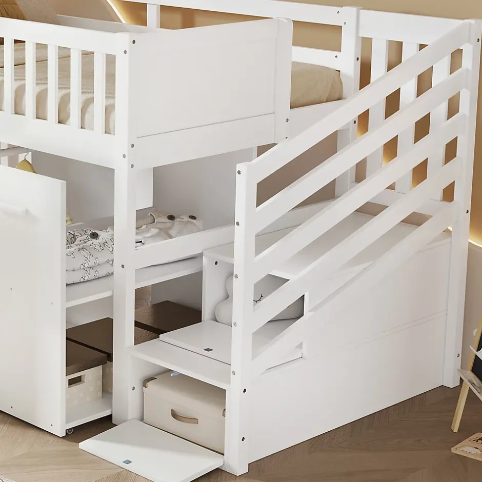 Simple Life Lit superposé multifonction, avec protection, bureau, armoire, casiers, 2 casiers dans escalier, pin MDF, blanc, 90x200cm New
