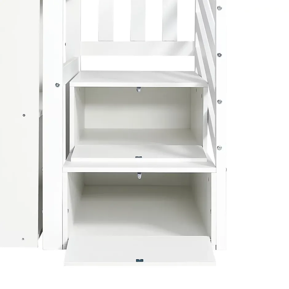 Simple Life Lit superposé multifonction, avec protection, bureau, armoire, casiers, 2 casiers dans escalier, pin MDF, blanc, 90x200cm New