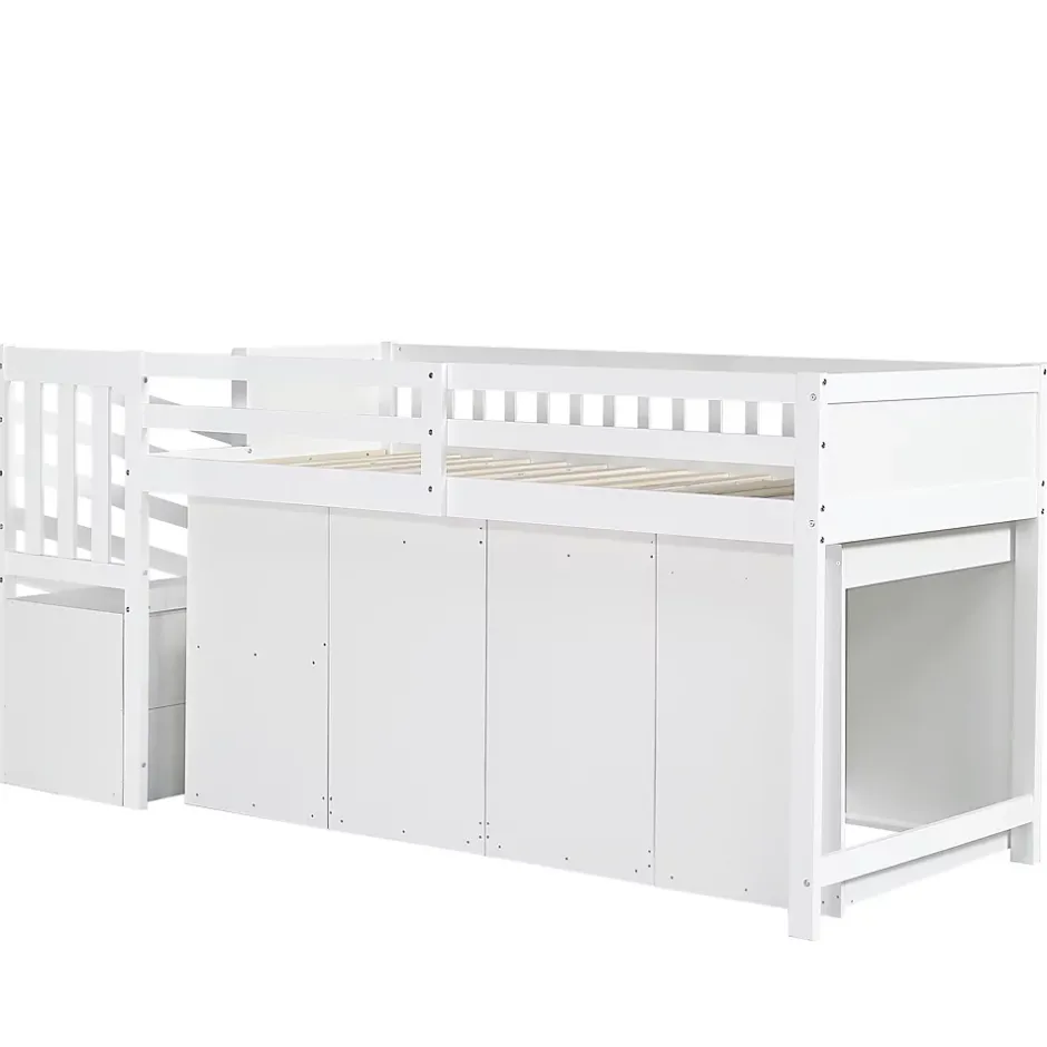 Simple Life Lit superposé multifonction, avec protection, bureau, armoire, casiers, 2 casiers dans escalier, pin MDF, blanc, 90x200cm New