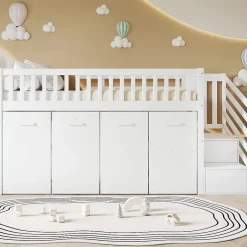 Redom Lit superposé multifonction avec bureau armoire 2 casiers échelle garde-corps pin MDF blanc 90x200 Best