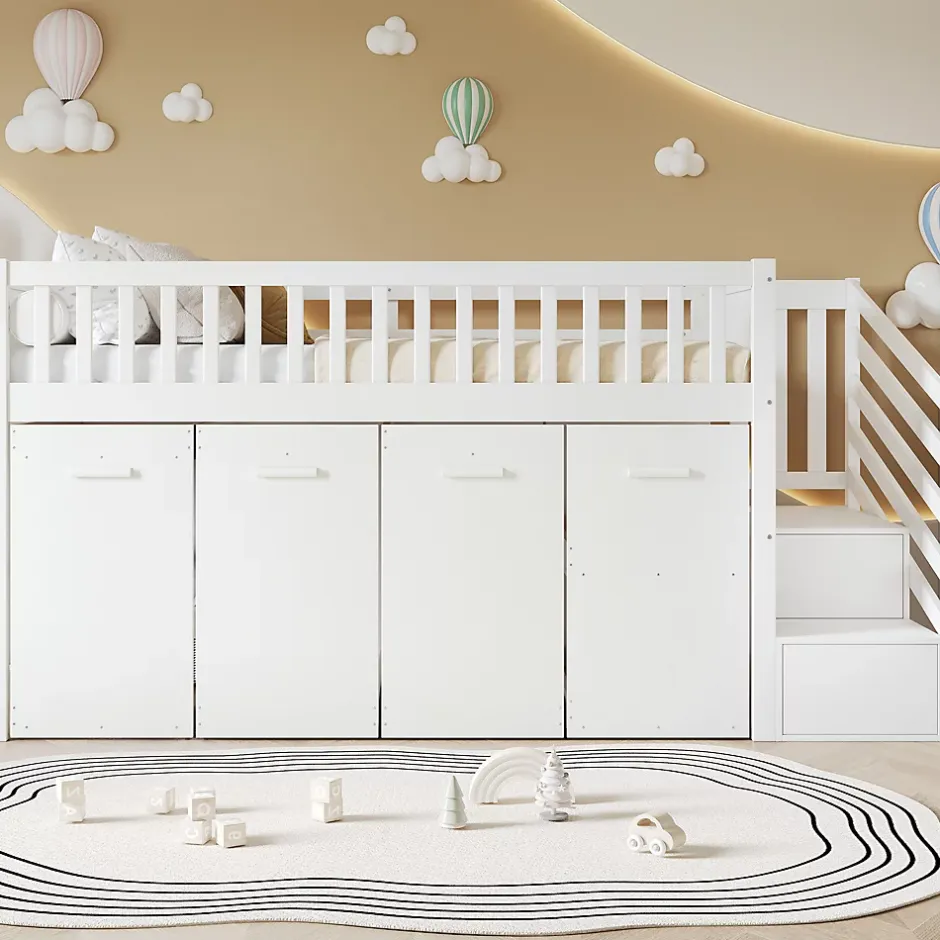 Redom Lit superposé multifonction avec bureau armoire 2 casiers échelle garde-corps pin MDF blanc 90x200 Best
