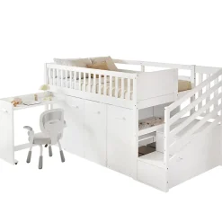 Redom Lit superposé multifonction avec bureau armoire 2 casiers échelle garde-corps pin MDF blanc 90x200 Best