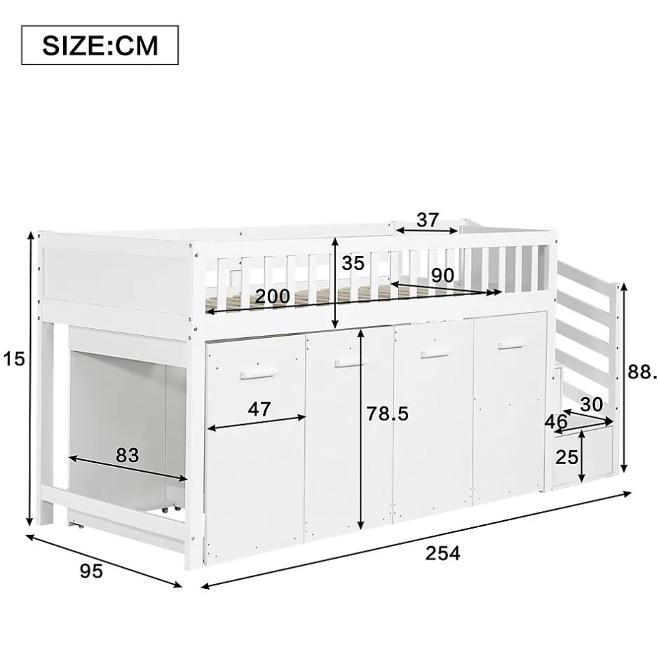 Redom Lit superposé multifonction avec bureau armoire 2 casiers échelle garde-corps pin MDF blanc 90x200 Best