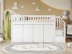 Redom Lit superposé multifonction avec bureau armoire 2 casiers échelle garde-corps pin MDF blanc 90x200 Best