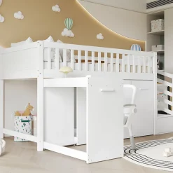 Redom Lit superposé multifonction avec bureau armoire 2 casiers échelle garde-corps pin MDF blanc 90x200 Best