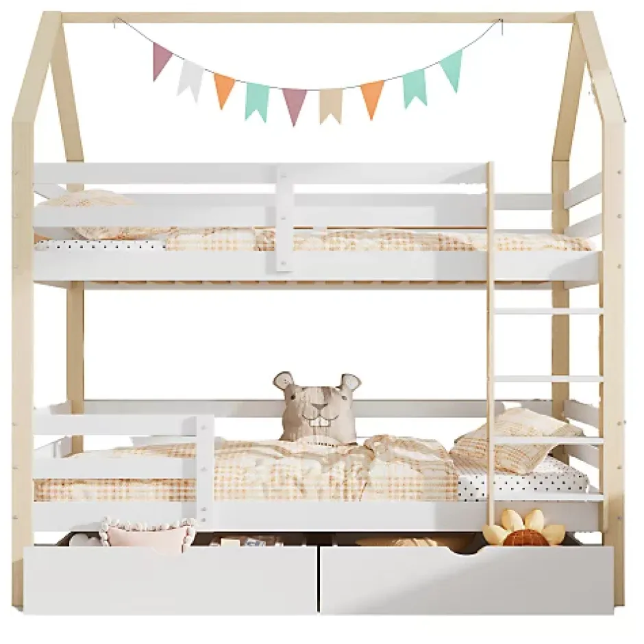 ModernLuxe Lit superposé pour enfant 90x200cm - Lit cabane - avec 2 grands tiroirs - Bois massif - Blanc + Naturel (sans matelas) Online