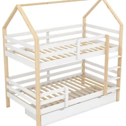 ModernLuxe Lit superposé pour enfant 90x200cm - Lit cabane - avec 2 grands tiroirs - Bois massif - Blanc + Naturel (sans matelas) Online