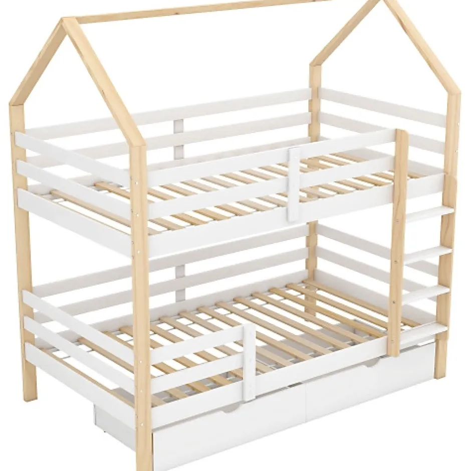 ModernLuxe Lit superposé pour enfant 90x200cm - Lit cabane - avec 2 grands tiroirs - Bois massif - Blanc + Naturel (sans matelas) Online