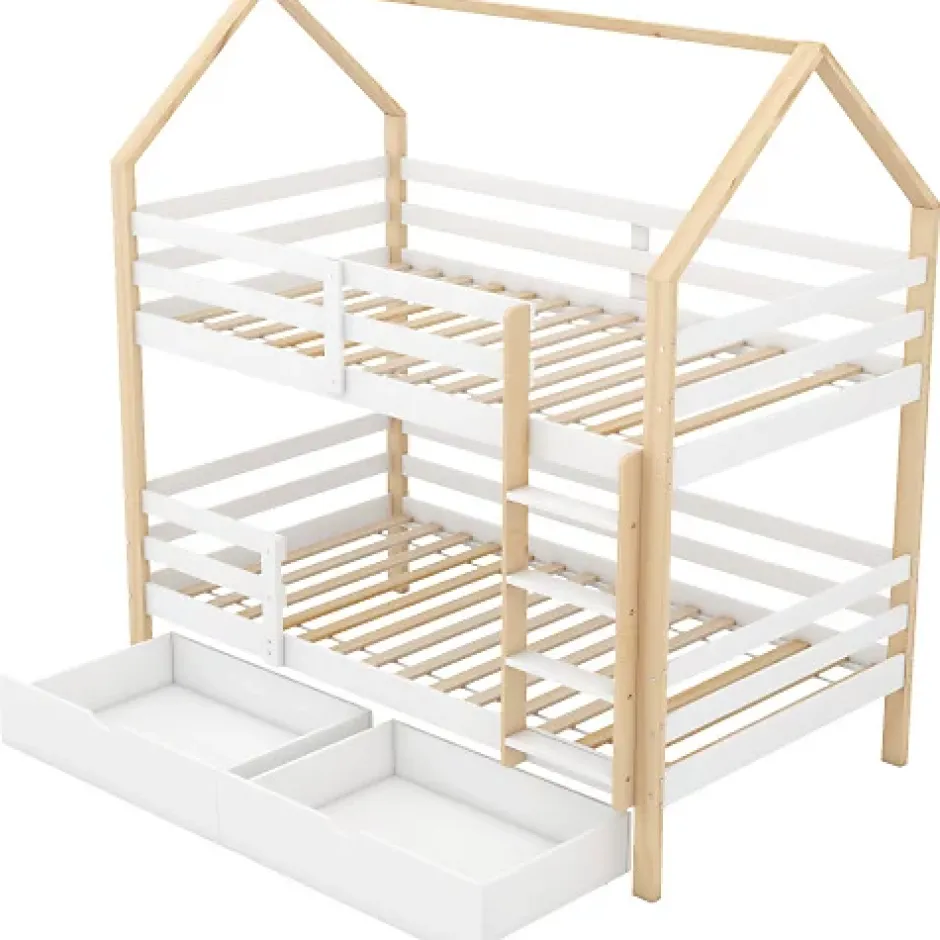 ModernLuxe Lit superposé pour enfant 90x200cm - Lit cabane - avec 2 grands tiroirs - Bois massif - Blanc + Naturel (sans matelas) Online