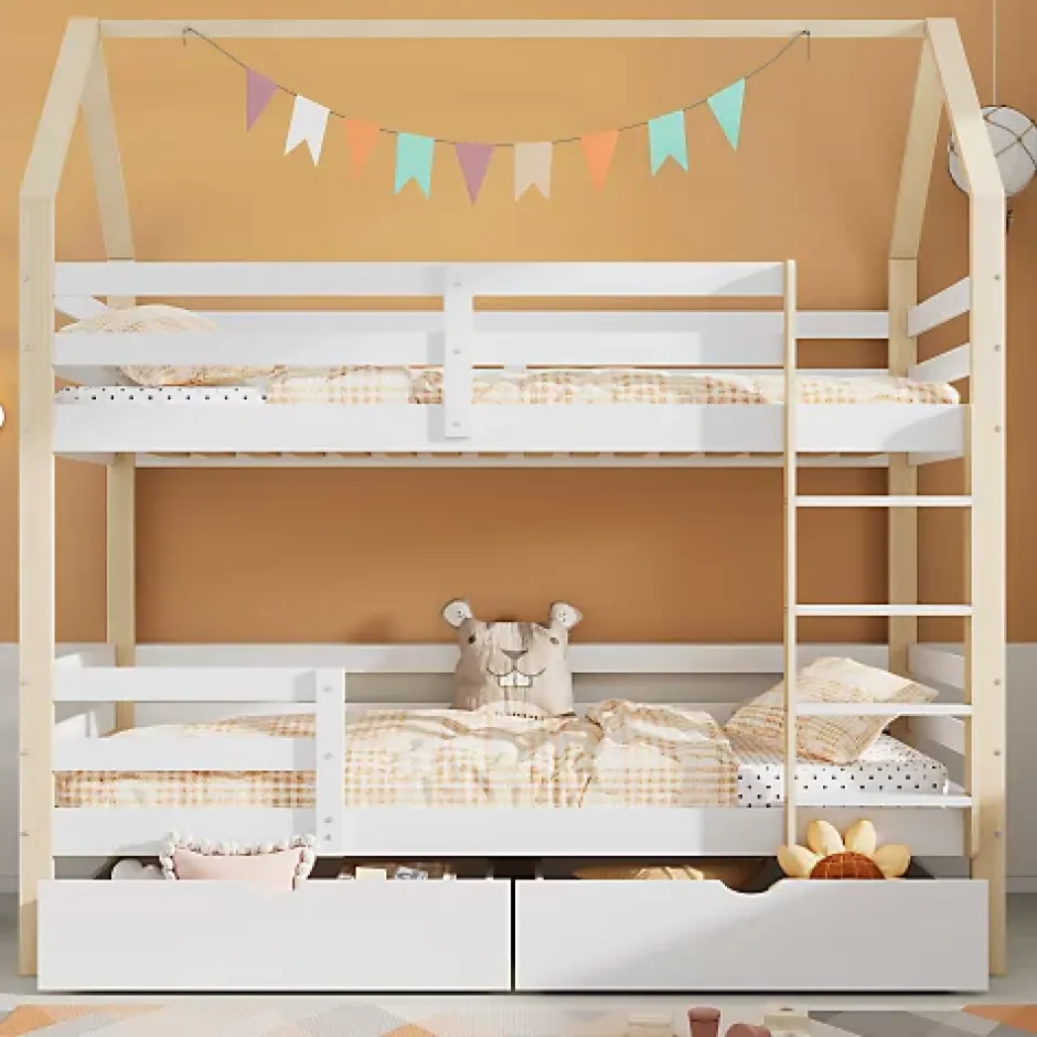 ModernLuxe Lit superposé pour enfant 90x200cm - Lit cabane - avec 2 grands tiroirs - Bois massif - Blanc + Naturel (sans matelas) Online