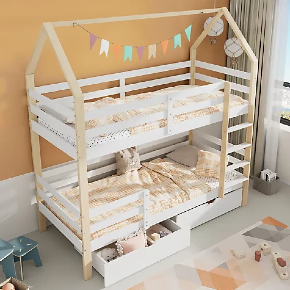 ModernLuxe Lit superposé pour enfant 90x200cm - Lit cabane - avec 2 grands tiroirs - Bois massif - Blanc + Naturel (sans matelas) Online
