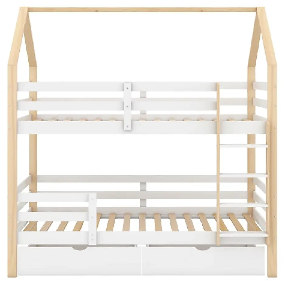 ModernLuxe Lit superposé pour enfant 90x200cm - Lit cabane - avec 2 grands tiroirs - Bois massif - Blanc + Naturel (sans matelas) Online