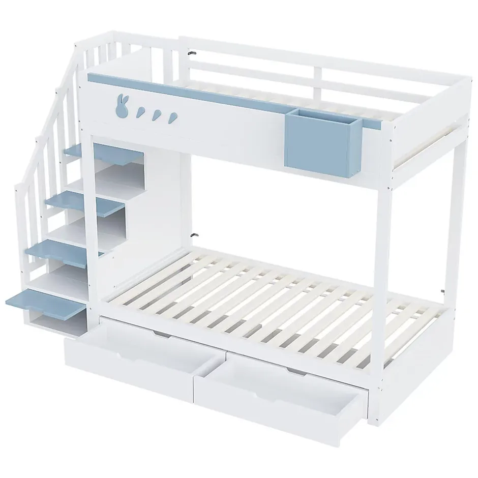 Blackcolors Lit superposé pour enfant 90x200,blanc et bleu, motifs lapins et carottes, rangement amovible, échelle sécurisée Best