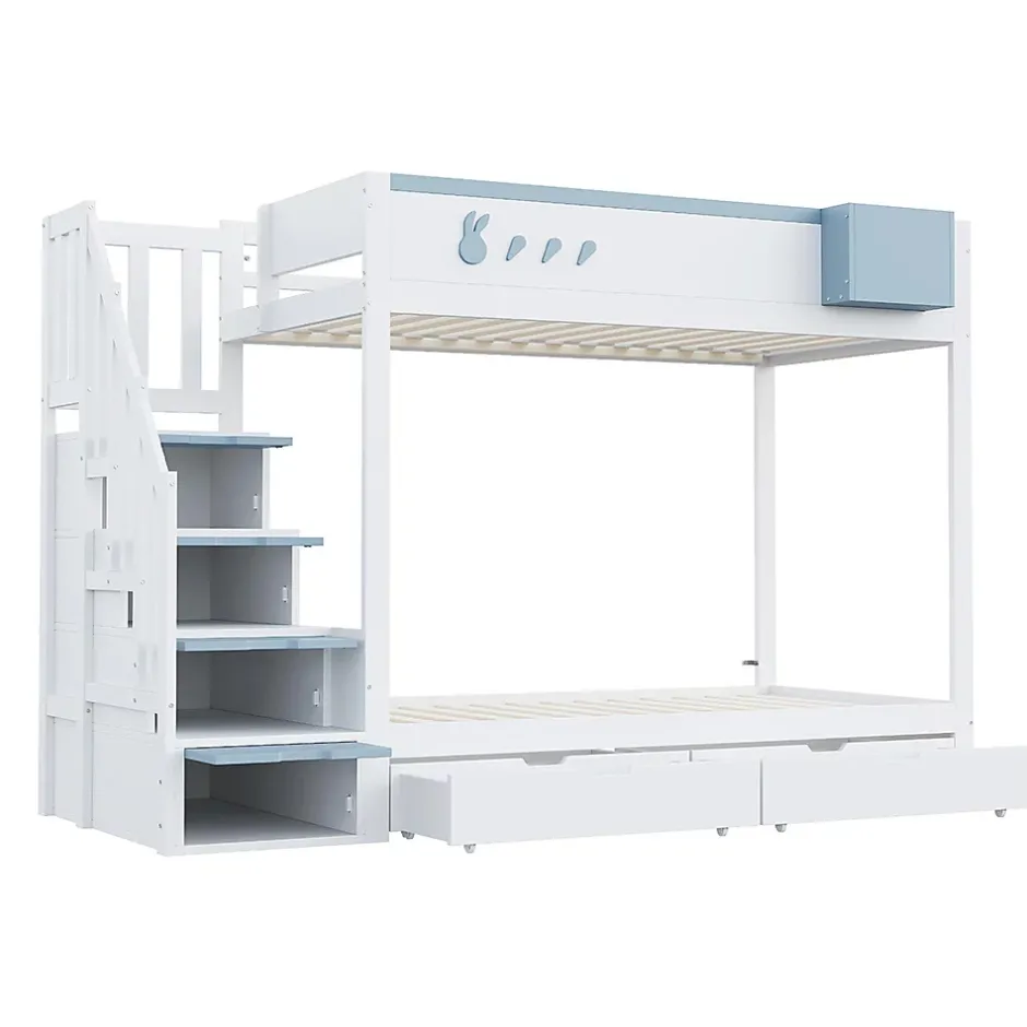 Blackcolors Lit superposé pour enfant 90x200,blanc et bleu, motifs lapins et carottes, rangement amovible, échelle sécurisée Best