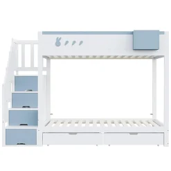 Blackcolors Lit superposé pour enfant 90x200,blanc et bleu, motifs lapins et carottes, rangement amovible, échelle sécurisée Best