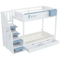 Blackcolors Lit superposé pour enfant 90x200,blanc et bleu, motifs lapins et carottes, rangement amovible, échelle sécurisée Best