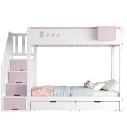 Blackcolors Lit superposé pour enfant 90x200cm,blanc+rose, motifs lapins et carottes, rangement amovible, échelle sécurisée, tiroirs Discount
