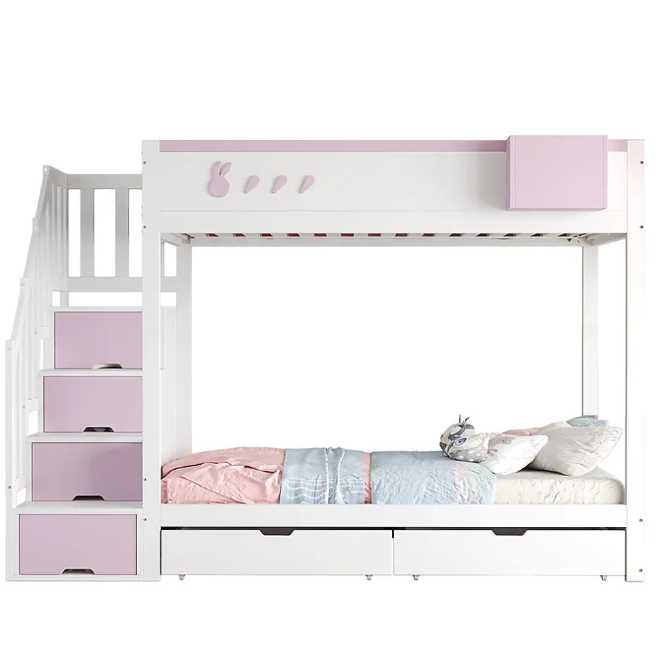 Blackcolors Lit superposé pour enfant 90x200cm,blanc+rose, motifs lapins et carottes, rangement amovible, échelle sécurisée, tiroirs Discount