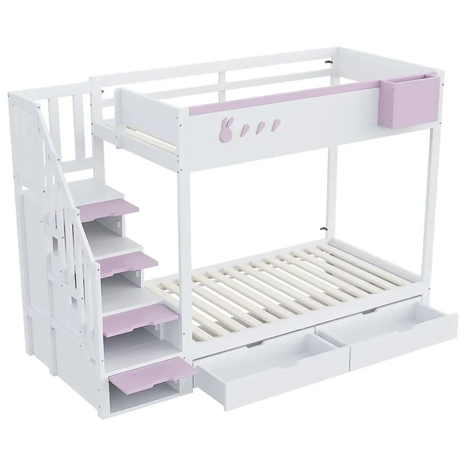 Blackcolors Lit superposé pour enfant 90x200cm,blanc+rose, motifs lapins et carottes, rangement amovible, échelle sécurisée, tiroirs Discount