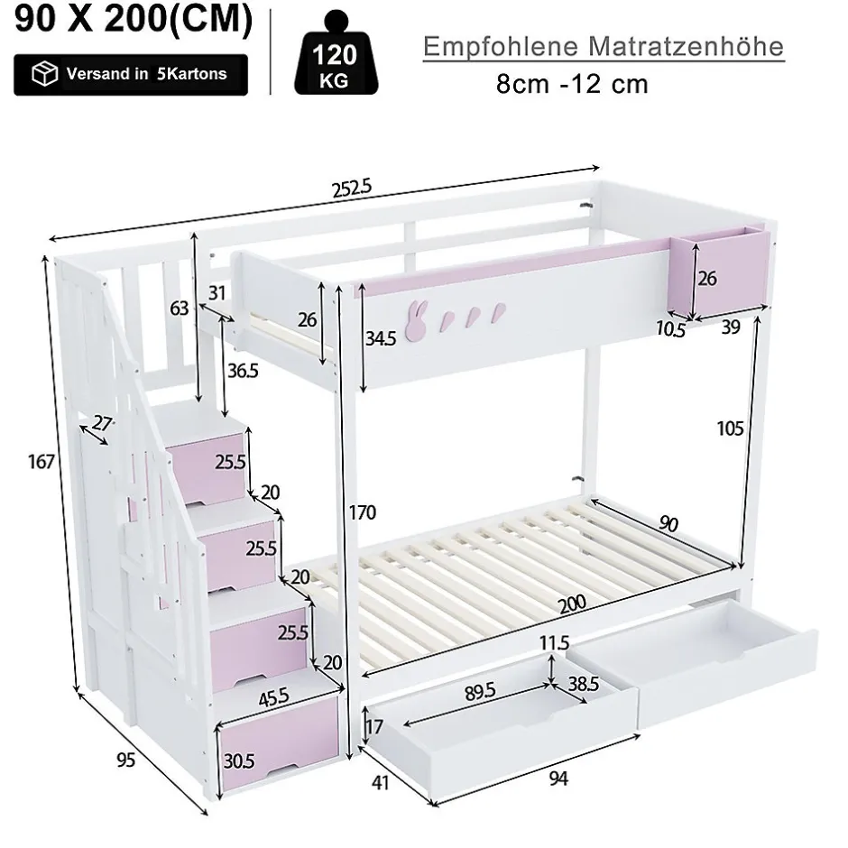 Blackcolors Lit superposé pour enfant 90x200cm,blanc+rose, motifs lapins et carottes, rangement amovible, échelle sécurisée, tiroirs Discount