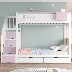 Blackcolors Lit superposé pour enfant 90x200cm,blanc+rose, motifs lapins et carottes, rangement amovible, échelle sécurisée, tiroirs Discount