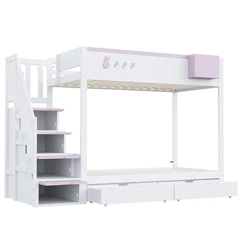 Blackcolors Lit superposé pour enfant 90x200cm,blanc+rose, motifs lapins et carottes, rangement amovible, échelle sécurisée, tiroirs Discount