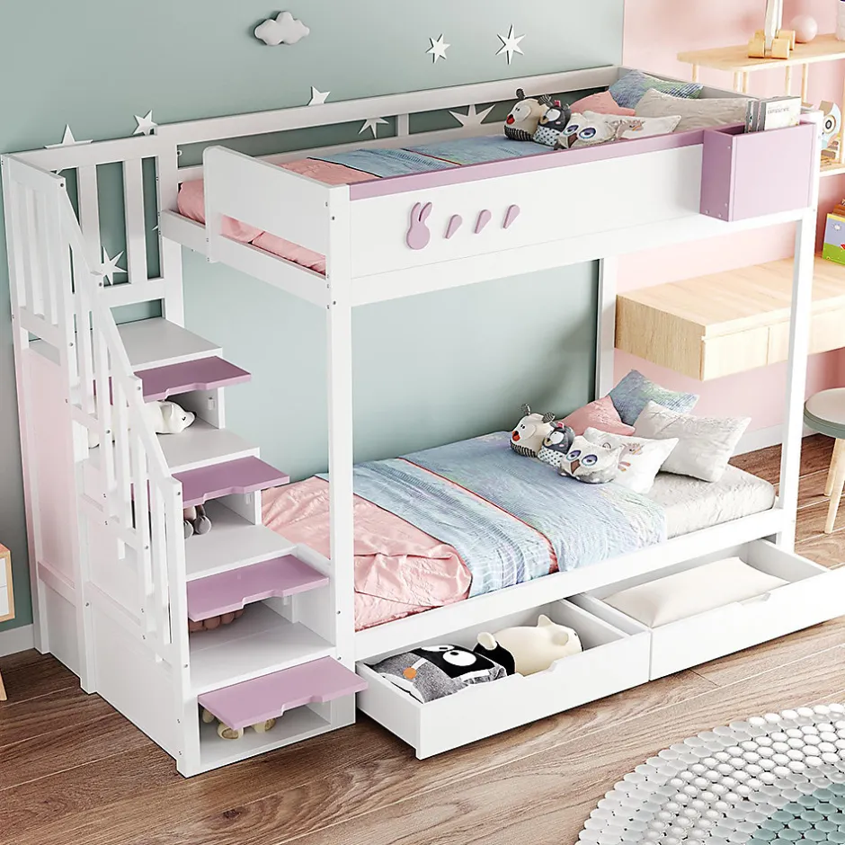 Blackcolors Lit superposé pour enfant 90x200cm,blanc+rose, motifs lapins et carottes, rangement amovible, échelle sécurisée, tiroirs Discount