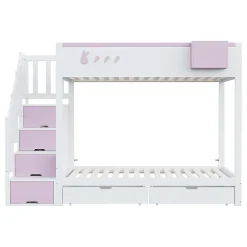 Blackcolors Lit superposé pour enfant 90x200cm,blanc+rose, motifs lapins et carottes, rangement amovible, échelle sécurisée, tiroirs Discount