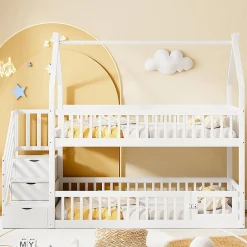 Enfant Blackcolors Lit superposé pour enfants en bois massif,90x200cm,blanc, avec toit, échelle de sécurité et tiroirs de rangement