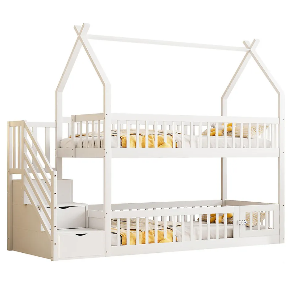 Enfant Blackcolors Lit superposé pour enfants en bois massif,90x200cm,blanc, avec toit, échelle de sécurité et tiroirs de rangement