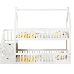 Enfant Blackcolors Lit superposé pour enfants en bois massif,90x200cm,blanc, avec toit, échelle de sécurité et tiroirs de rangement