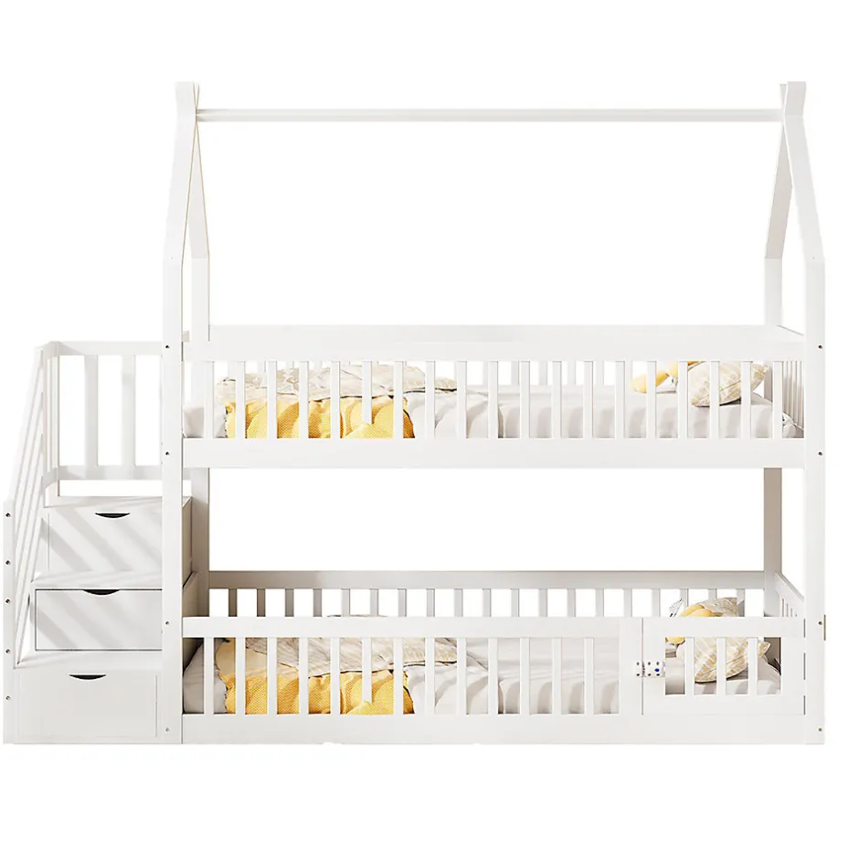 Enfant Blackcolors Lit superposé pour enfants en bois massif,90x200cm,blanc, avec toit, échelle de sécurité et tiroirs de rangement