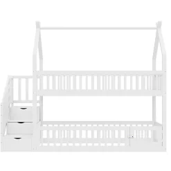 Enfant Blackcolors Lit superposé pour enfants en bois massif,90x200cm,blanc, avec toit, échelle de sécurité et tiroirs de rangement