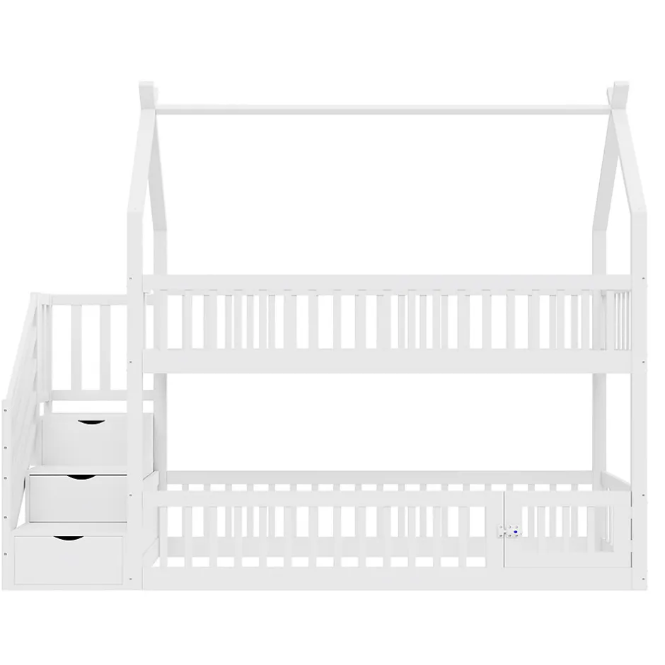 Enfant Blackcolors Lit superposé pour enfants en bois massif,90x200cm,blanc, avec toit, échelle de sécurité et tiroirs de rangement