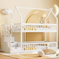Enfant Blackcolors Lit superposé pour enfants en bois massif,90x200cm,blanc, avec toit, échelle de sécurité et tiroirs de rangement