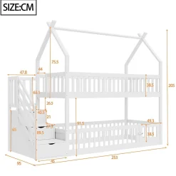 Enfant Blackcolors Lit superposé pour enfants en bois massif,90x200cm,blanc, avec toit, échelle de sécurité et tiroirs de rangement