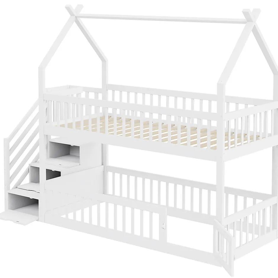 Enfant Blackcolors Lit superposé pour enfants en bois massif,90x200cm,blanc, avec toit, échelle de sécurité et tiroirs de rangement