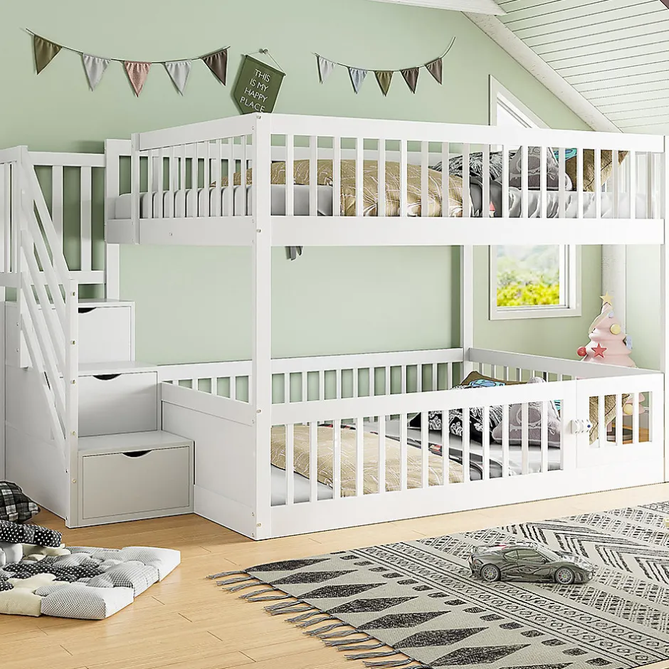 Enfant Blackcolors Lit superposé pour enfants et adolescents,140x200cm,bois blanc,échelle de sécurité et tiroirs