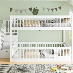 Enfant Blackcolors Lit superposé pour enfants et adolescents,140x200cm,bois blanc,échelle de sécurité et tiroirs