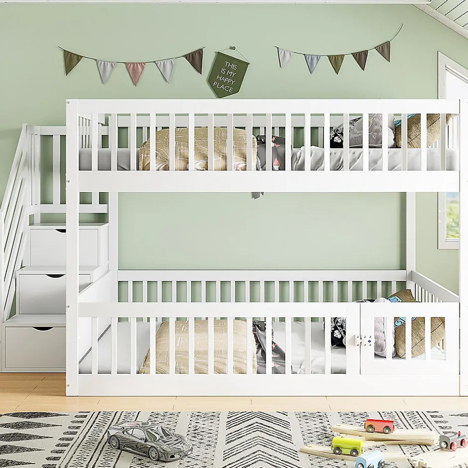 Enfant Blackcolors Lit superposé pour enfants et adolescents,140x200cm,bois blanc,échelle de sécurité et tiroirs