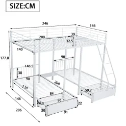 ProximaX Lit superposé triple, cadre de lit métallique, 140x200cm et 2 lit 90x200cm, avec échelle et 2 tiroirs, sommier inclus, blanc New